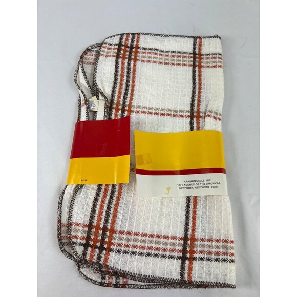 VTG Cannon 3 Piece Dish Cloths Set 14x15 In Cotton White Brown & Orange Plaid - Picture 3 of 4